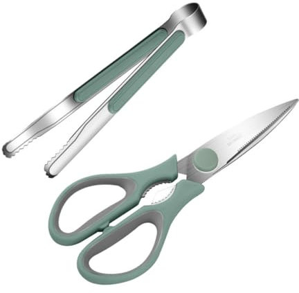 IMIKEYA Ciseaux Cuisine Et Pinces à Aliments En Acier Vert, 2 Pièces, Ensemble Pour Barbecue, Poignée Longue Antidérapante, Usage Barbecue Cuisine