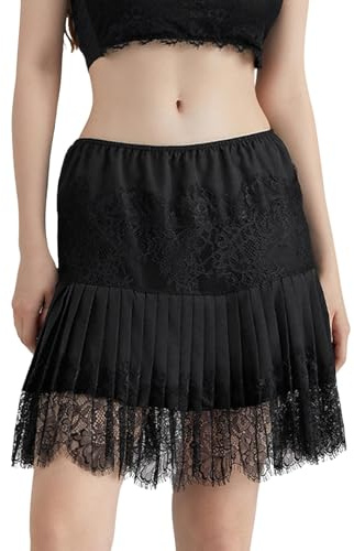 Minigonna da Donna in Pizzo Y2k con Volant a Vita Bassa Slip a Strati Gonna a Pieghe fluida, Gonna in Pizzo Nero A1, L