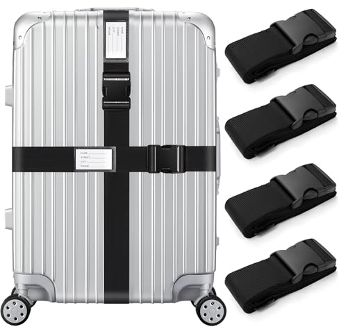 Veki Correas para Maletas Ajustables, Correas de Equipaje con Hebilla, Cinta para Maletas de Viaje, Equipaje Cinturón con Etiqueta de Identificación para Reconocer el Equipaje (Negro, 4 Piezas)