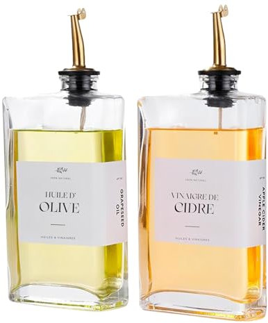 2 Bouteilles en Verre Rectangulaires de 350 ml , Bec Verseur doré et Entonnoir – Distributeur pour Huile, Vinaigre et Sirop, pour Organisation de la Cuisine, étiquettes français, Italien et espagnol