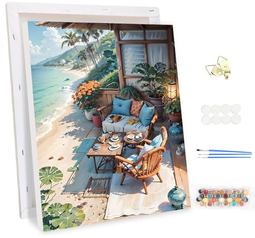 MEIYUDA Pintar por Numeros Adultos con Marco Vistas al Mar, Paisaje DIY Painting by Numbers Kits Cuadros por Numeros, Pintura de Bricolaje Sobre Lienzo con Pinceles Decoración para el Hogar 30x40cm