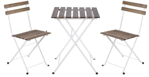 LOLAhome Set Muebles de Balcón Completo | Mesa y 2 Sillas Plegables, de Madera y Acero Blanco | Tratamiento Anticorrosión y Madera Sostenible | para Jardín, Terraza o Balcón | Sirio
