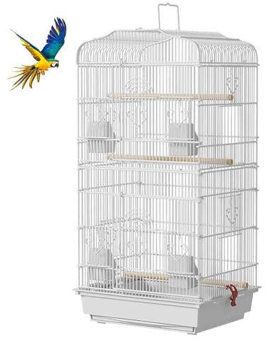 PJDDP Fågelbur, voljär, papegojbur, undulatbur med 3 träpinnar, utskjutbar bricka, 4 matare och handtag för undulat, lovebird, kanarie, finkar