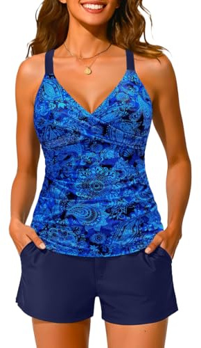Yonique Women Underwire Tankini Swimsuit with Shorts - Two Piece Tummy Control Bathing Suit 2025 Swimwear with Pockets Blue Paisley M