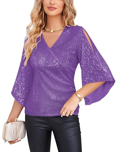 GRACE KARIN Women Long Sleeve Tops Sexy V-Neck Chiffon Flounce Sleeve Sequin Top Elegant Cocktail Party Glitter Sparkly Shirt Light Purple 2XL