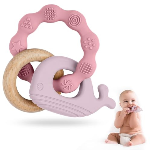 Vicloon Dentizione Neonati Giocattolo, 2 Massaggiagengive e 1 Faggio Dentizione Giocattolo Senza BPA, Non Tossici Massaggia Gengive Neonati Silicone per Molar Lenire i Bambini, Balena-Rosa
