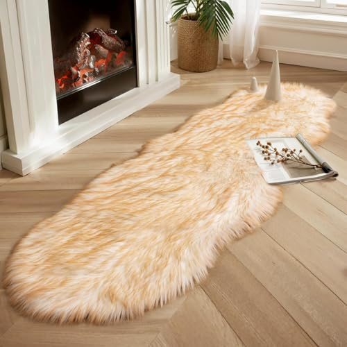 JXLOULAN Soft Fluffy Faux Sheepskin Rugs Gradient Brown 80x180 cm Faux Fur Area Rugs for Bedrooms Living Room Kids Rooms Décor