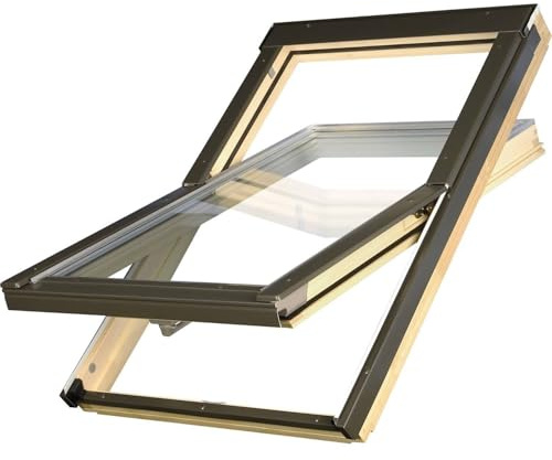 Kit Fenêtre de Toit compatible Groupe FAKRO | Fenêtre de toit bois 114 x 118 cm | Fenêtre pivotante triple vitrage, économe en énergie | Raccord tuiles jusqu’à 45 mm + Kit isolation