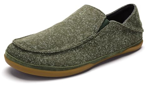 OLUKAI Moloa Hulu Men's Wool-Blend Slippers, Soft & Heathered Knit Slip On Shoes, Suede Leather Foxing, Drop-In Heel Design, Dusty Olive/Dusty Olive, 8