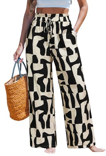 CUPSHE Women Wide Leg Beach Pants Tropical Floral Plus Size Pants with Pockets Vacation Casual Dressy Black