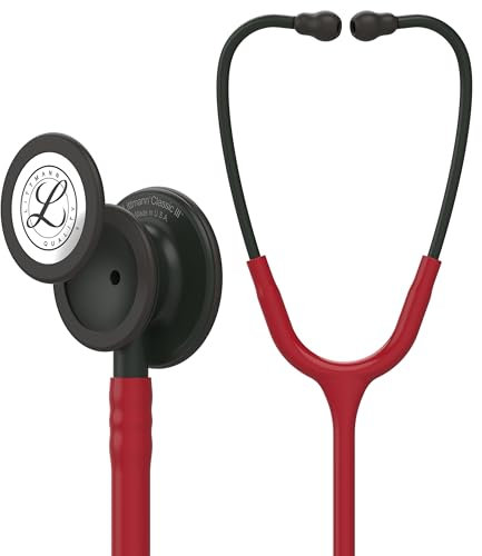 3M Littmann Classic III Stethoskop zur Überwachung, Black-Edition Bruststück, Schlauchanschluss und Ohrbügel in Schwarz, burgunderroter Schlauch, 69 cm, 5868