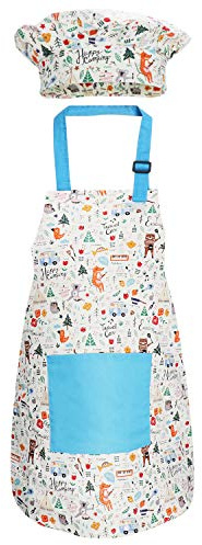 Jennice House Kids Apron and Chef Hat Set, Cute Children Baking Aprons for Boys and girls Cooking Artists Painting Gardening Aprons (Blue Animals, Large)