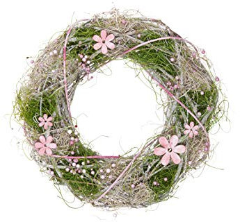 HEITMANN DECO Reisigkranz mit Blumen und Perlen - Natur - Rosa - Grün - Türkranz - Wandkranz - zum Aufhängen oder Hinlegen, ca. 24 x 24 x 7 cm