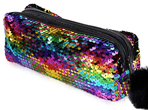 FOGARY Sjöjungfru paljetter pennfodral för flickor (vändbar färg), glitter kosmetisk makeup handväska för kvinnor med pompom dragkedja, Regnbåge, M, Väskorganiserare