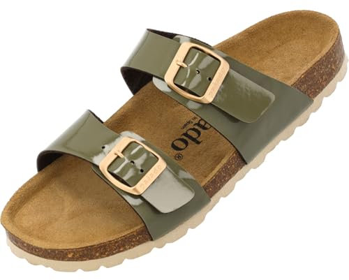 Palado Pantoletten Damen Samos - elegante Sandalen Made in Spain - bequeme Hausschuhe mit dämpfendem Kork-Fußbett - modische Sommerschuhe Lack Khaki UK5,5 - EU38