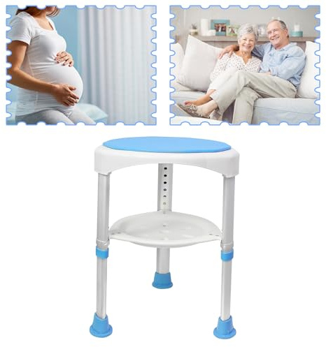LARS360 Tabouret de douche pivotant à 360° avec siège de douche à ventouse en Aluminium et Polyéthylène haute densité, Blanc et Bleu, max. 200 kg, 45-57 cm de hauteur, 3 kg, 36,5 cm de diamètre