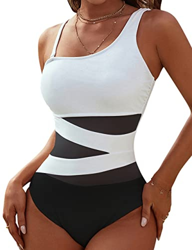 Blooming Jelly Women's Sexy One Piece Bathing Suits Slimming Mesh Swimwear One Shoulder Swimsuits for Women 2026(X-Large,White and Black)