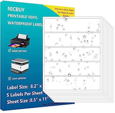 100 Pcs Water Bottle Labels 8.2x2 inch Printable Glossy White Waterproof Vinyl Sticker Labels for Inkjet or Laser Printer