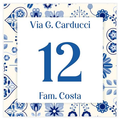 Caribu design Numero Civico Personalizzato da Esterno - Mattonella in Ceramica 15x15 cm Targa Personalizzabile con Indirizzo, Via, Nome Famiglia, Testo - Piastrella Design Moderno Quadrato