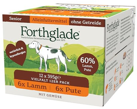 Forthglade Nassfutter für Hunde (12 x 395g Schalen), hypoallergenes & getreidefreies Futter für Senior-Hunde ab 7 Jahren, Hundefutter Mixpaket mit 2 schmackhaften Sorten
