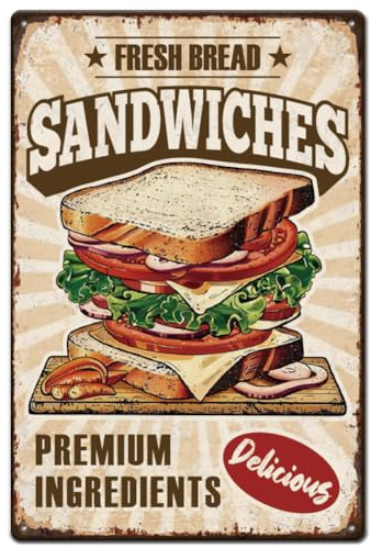 SUPERDANT Sandwich Metal Signs Food Tin Sign Kitchen Metal Tin Signs Food Sign Kithen Signs and Plaque Bacon Sandwich Sign Vintage Metal Wall Art for Kitchen Man Cave Wall Decor