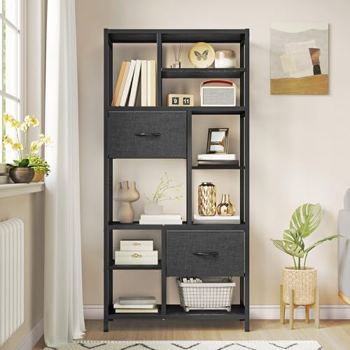 YITAHOME Bücherregal mit Schubladen, 7-stöckiges Standregal mit Stahlrahmen, Bodenstehendes Lagerregal, Industrieregal Aufbewahrungsregal, für Wohnzimmer, Büro, Flur, Küche, Schwarz Regal