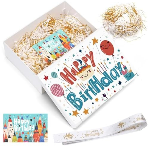 Birthday Gift Box, 25 x 18 x 8,5 cm White Gift Box with Well-designed Lid, Special Ribbon, Happy Birthday Greeting Card, Raffia, Gold Threads