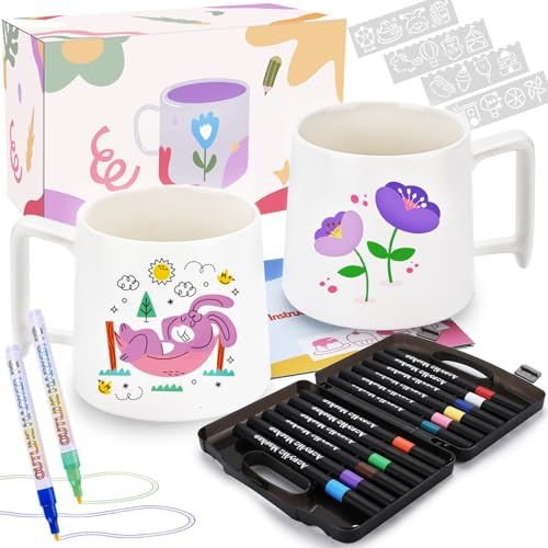 ZUSUZU Kit Paint-a-Mug Singolo o Doppio,Set di Pittura in Ceramica,Set di Pittura per Tazze,Pitturas su Ceramica,con Tazze da Dipingere per Adulti,Tazzes da Colorare,Sets Include Pennelli