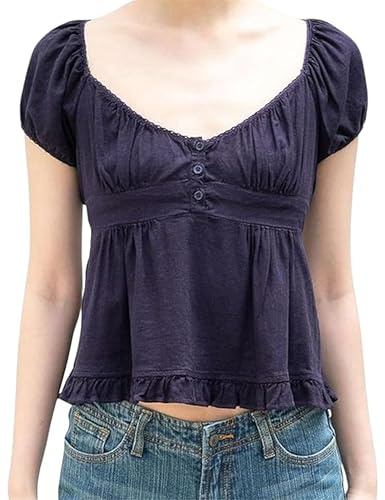 Women Summer Y2K Crop Top Puff Sleeve V Neck Lace Trim Button Down T-Shirt Slim Fit Ruffle Hem Babydoll Fairy Tee Streetwear (Dark Blue B, S)