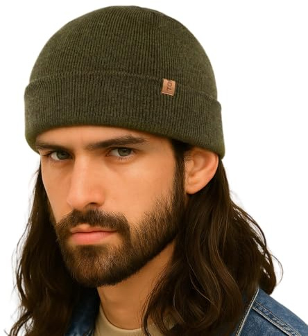 TOP-EX 80% lana merino Fisherman Beanie Trawler Berretto Unisex Corto Cappello di lana Uomo Donna Cappello Invernale, verde militare, Medium-Large