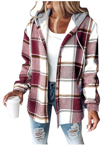 Women's Flannel Jackets Plaid Tartan Check Shirts Hoodies Winter Shacket Coat Long Sleeve Button Down Outdoor Patchwork Wool Blend Autumn Winter Outfits Ladies Lumberjack Jackets