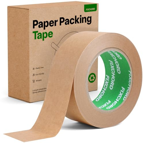 FIXCHORD Miljövänlig Förpackningstejp Kraftpapper 48mm x 50m | Återvinningsbar Pappersförpackningstejp | Skrivbar och Vattentät | Papperstejp för packning av paket och lådor, flytt | 1 Rulle