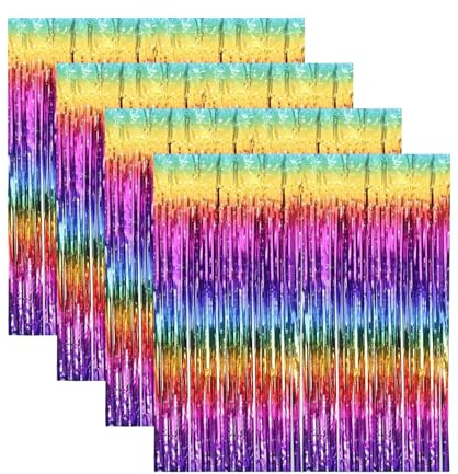 4 tende colorate con glitter arcobaleno, con frange metalliche, decorazione per compleanni, matrimoni e sceniche, decorazione per carnevale, 1 m x 2 m