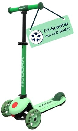HUDORA Tri-Scooter – Mint – Ruedas LED – Scooter de 3 Ruedas con Manillar Ajustable en Altura – Rueda Trasera Ancha, rodamientos ABEC-7, Plataforma Antideslizante y Freno Trasero – Patinete Infantil