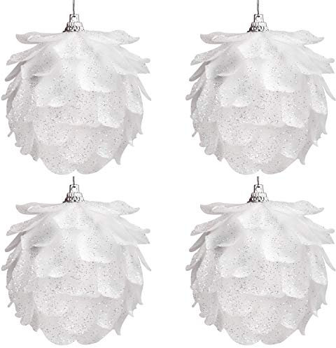 BELLE VOUS Christbaumschmuck Zapfen (4er Pack) - Glitzer Zapfen Deko Pinienzapfen - Weihnachtsdeko Silber mit Faden - Christbaumschmuck Weiß - Weihnachtsbaumschmuck Weiß