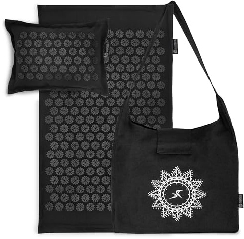 ProsourceFit Ki Acupressure Mat and Pillow Set with 100% Natural Linen for Back/Neck Pain Relief and Muscle Relaxation, Black Pearl