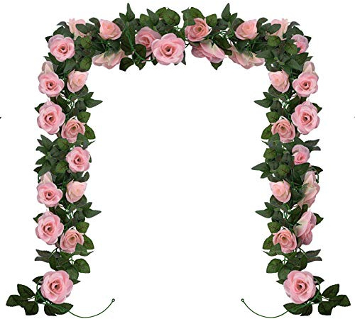 Huryfox Artificial Flowers Garlands - 2 Strand 216cm Long Artificial Flower Vines for Decorations, 16 Flowers per Strand, Faux Pink Rose Floral Arch for Home, Garden, Weddings, Parties