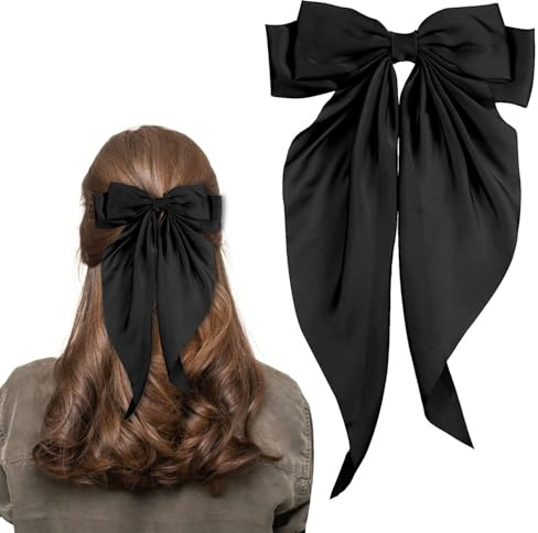 LECTNORE Black Hair Bow - Large Bowknot Hair Clip for Women, Satin Silky Ribbons with Long Tail, French Barrette Hair Accessory for Girls Ponytail Holder