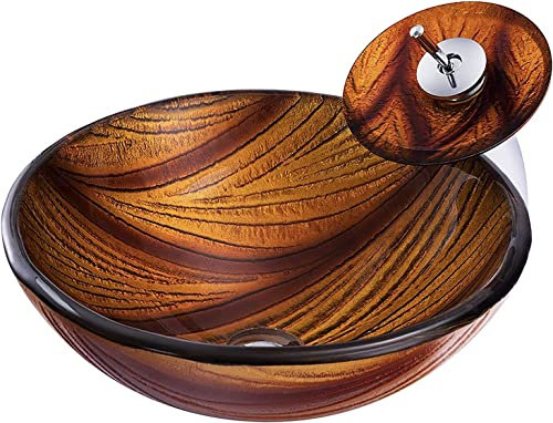 Vanity Countertop Washbasin Tempered Glass Vessel Bowl Sink Round,Brown Countertop Wash Basin Bowl with Faucet and Drain Combo,Countertop Basin Cloakroom Sink for Bathroom