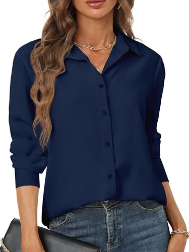 Blue Button Down Shirt Women Womens Blouses and Tops Dressy Elegant Business Attire Casual Summer Beach Long Sleeve Dress Shirts v Neck Party Club Night Collar Uniform Going Out Navy Blue Size S