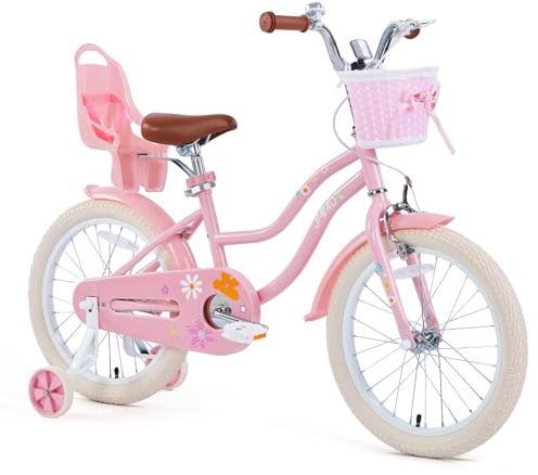 JMMD Girls Bike for 4-12 Years Old Kids, 12 14 16 18 20 24 Kids Bike with Training Wheels, Basket and Doll Seat, Toddler Girls Bicycles with Handbrake & Kickstand, Pink