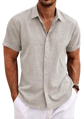 COOFANDY Chemise en lin pour homme à manches courtes, boutonnée, coupe droite, pour les loisirs, l'été, la plage, en lin, Couleur champagne., M