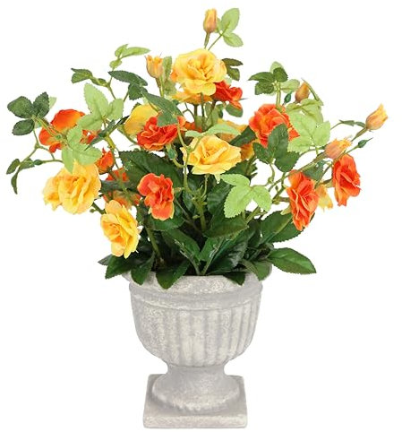Rosen im Pokal - Kunstblumen, Grabschmuck, Künstliche Blumen, Blumenstrauß, Deko, Rosenköpfe, Plastikrosen, Seidenblumen, Dekoblumen - Orange