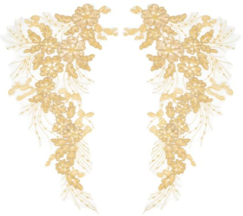 GORGECRAFT 3D Paillettes Applique In Pizzo Ricamo Cucire su Foglie Fiori Collare Toppa con Motivo Floreale Tessuto Decorazione Artigianale Toppe per Cucire Matrimonio Pantaloni Jeans Indumenti Oro