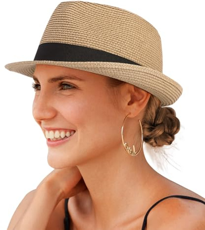 Creekstone Cappello da Sole Fedora in Paglia per Donne e Uomini a Tesa Corta Panama Trilby Cappello da Spiaggia Estivo Ripiegabile UPF 50+ (IT, Testo, M, Kaki)