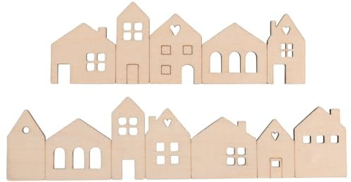 Rayher Holzleiste Mini Häuser, FSC zertifiziert, natur, 2 Stück, 10,6 x 3,4 cm und 14,1 x 3,4 cm, Holzstärke ca. 2 mm, Deko-Häuschen, Leisten mit Holzhäusern, flach, 46751505