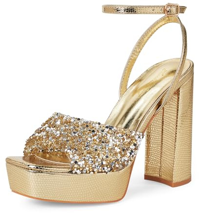 Zhabtuc kvinnors ödla textur högklackade sandaler, 10 cm klack, ankelrem, peep toe, strass utsmyckad, 3,5-8,5 UK, Guld, 39.5 EU