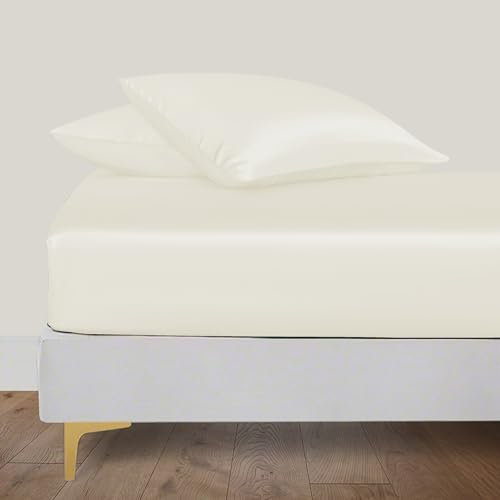 LINENWALAS Organic Vegan Bamboo Silk Fitted Sheet 200x200 cm, Deep Pocket up to 40 cm Soft, Oeko-Tex Certified Cooling Bamboo Bedding Only Fitted Sheet Perfect for Skin (Ivory)