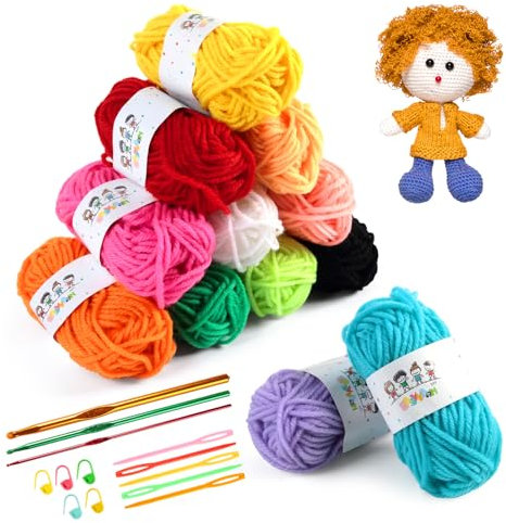 Häkeln Für Anfänger Set,12x10g Polyester Dickes Garn, 12 Farben Rainbow Häkelgarn Mit 3 Häkelnadeln, Knitting & Crochet Yarn für DIY Handwerk, Haustierkleidung, Hüten, Handtüchern