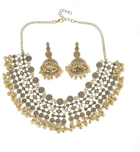 TTPSRY 2 Stück Schmuckset Damen Bohemian Anhänger Ohrringe Halskette Schmuck Set Gold Silber Perlen Boho Ethnisch Mode Schmuck Geschenke Feste Brauchtum Feiertage für Mädchen (Gold)